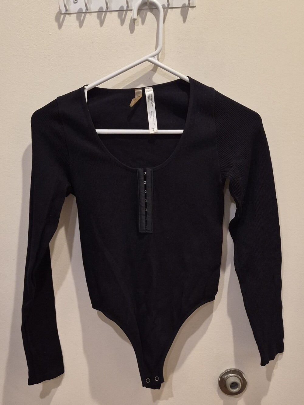 Black Long-Sleeve Hook-Front Ribbed Bodysuit